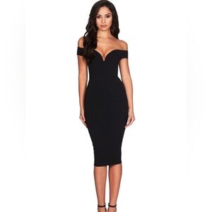NOOKIE Elena Black Off Shoulder Short Sleeve Knee Cocktail Body Con Dress S Midi